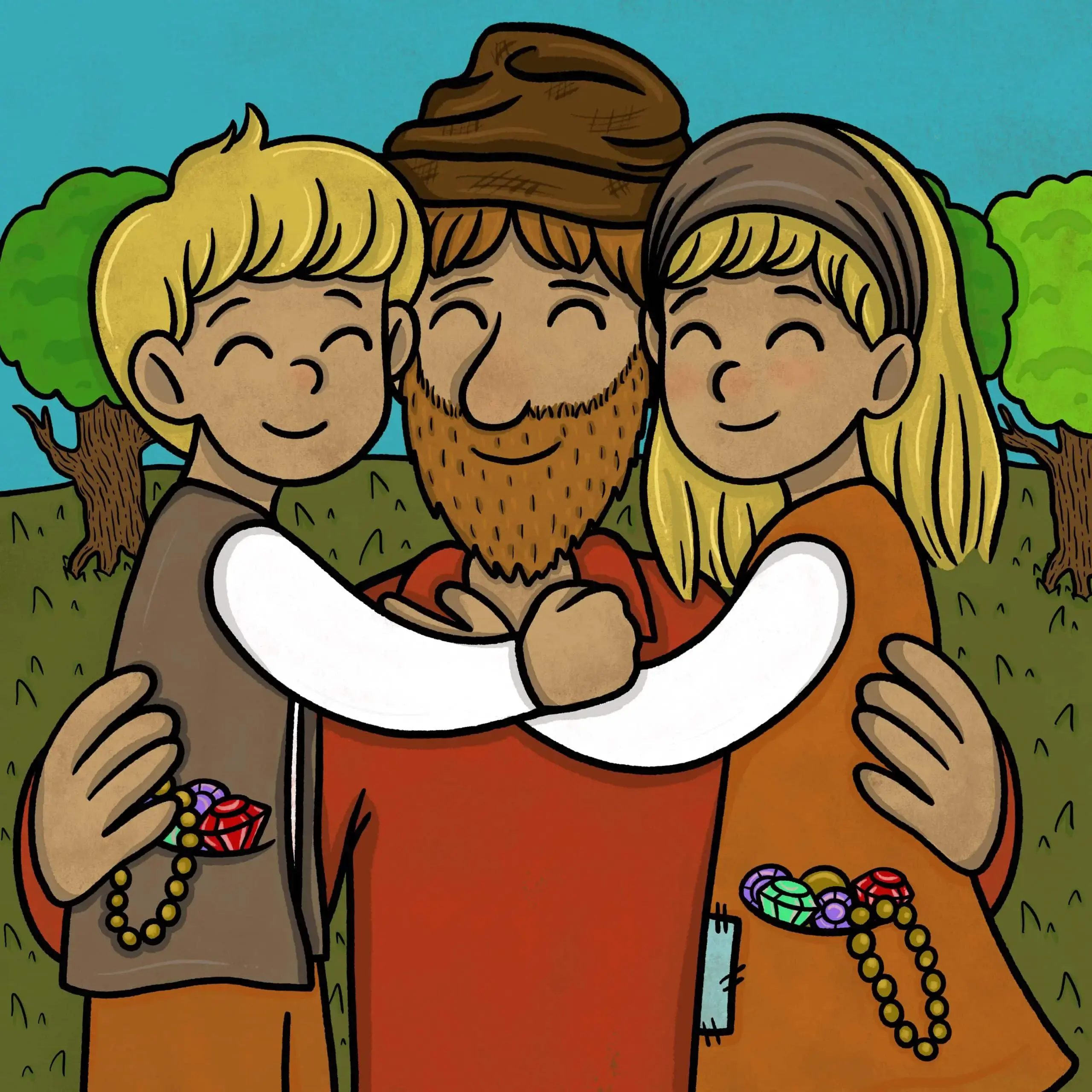 Hensel and Gretel hugging their father